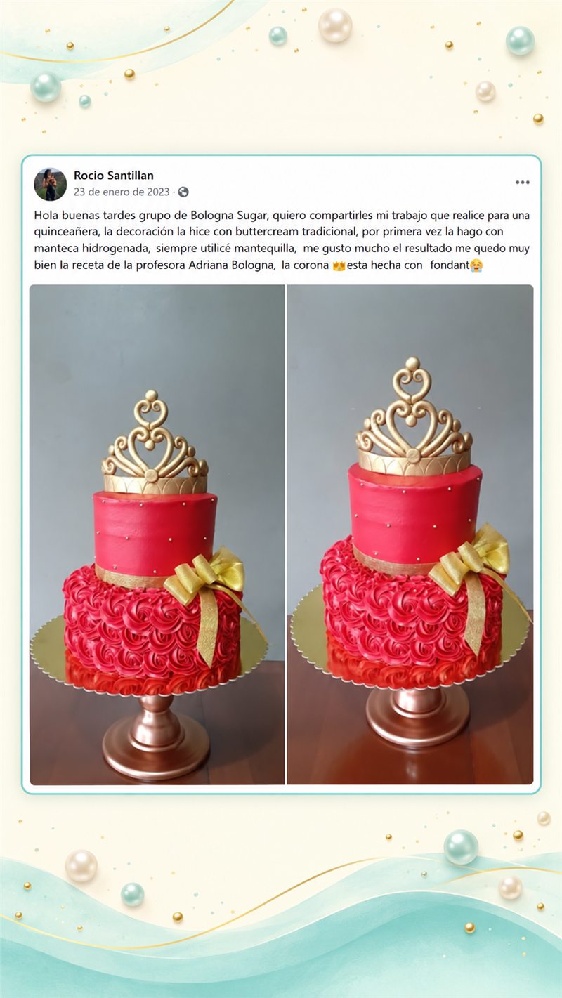 Rocio Santillan comparte un pastel rojo de rosetones de buttercream con corona dorada